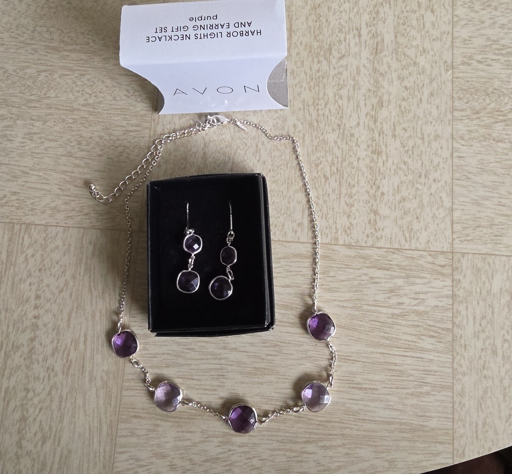 Avon Silver-Tone Necklace and Dangle Earrings with Purple Faceted Stones